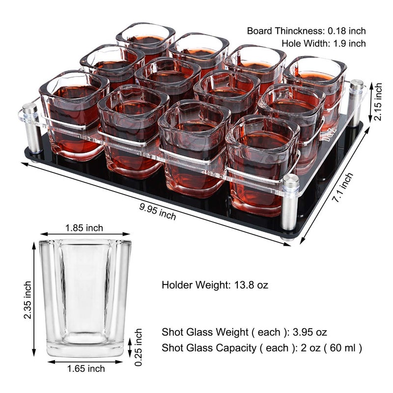 DZ D&Z 2 oz Shot Glass with Holder, Tequila Shot Glass Set, Easy to Carry 12 Heavy Base Glasses without Spilling, Clear Modern Acrylic Server Tray for Wedding,Anniversary,Graduation,Housewarming,Birthday - Image 2